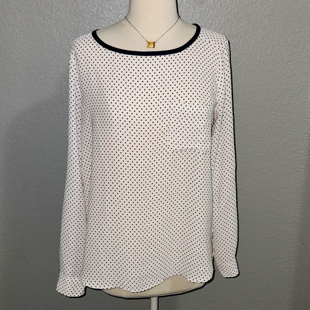 Loft Ann Taylor long sleeve polyester Navy and Brown Polka Dot Blouse Size Small